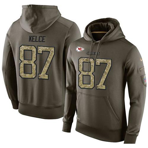 NFL Men's Nike Kansas City Chiefs #87 Travis Kelce Stitched Green Olive Salute To Service KO Performance Hoodie