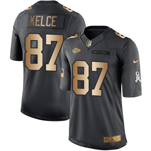 Nike Chiefs #87 Travis Kelce Black Men's Stitched NFL Limited Gold Salute To Service Jersey