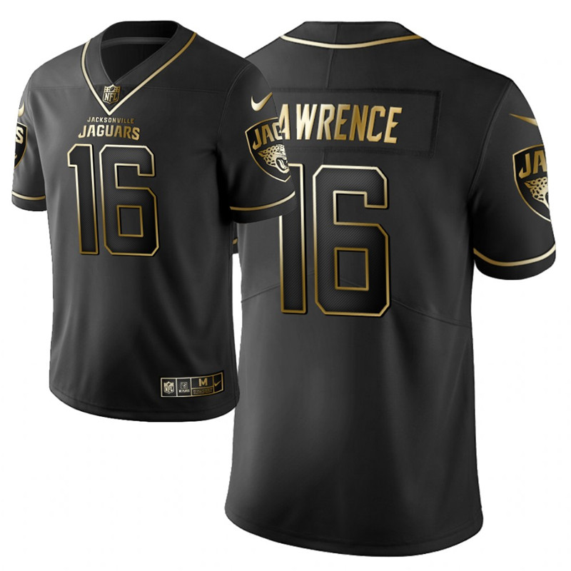 Men's Jacksonville Jaguars #16 Trevor Lawrence Black Golden Vapor Untouchable Limited Stitched Jersey