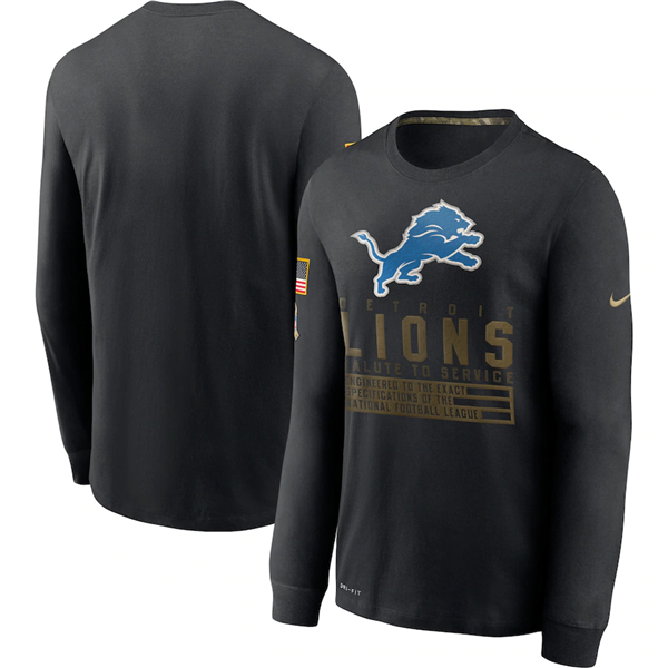 Men's Detroit Lions 2020 Black Salute To Service Sideline Performance Long Sleeve NFL T-Shirt