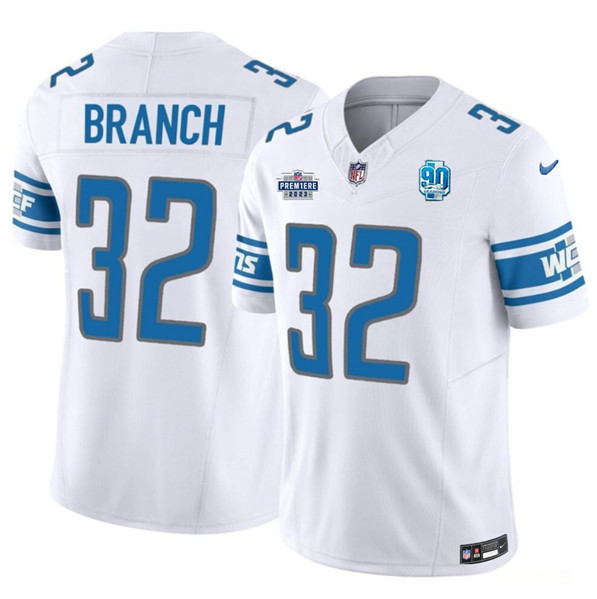 Men's Detroit Lions #32 Brian Branch White 2023 F.U.S.E. Prem1ere Patch 90th Anniversary Vapor Untouchable Limited Stitched Jersey