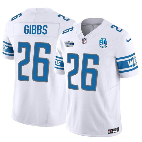 Men's Detroit Lions #26 Jahmyr Gibbs White 2023 F.U.S.E. Prem1ere Patch 90th Anniversary Vapor Untouchable Limited Stitched Jersey