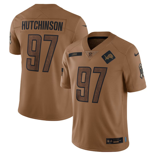 Men's Detroit Lions #97 Aidan Hutchinson 2023 Brown Salute To Service Limited Football Stitched Jersey