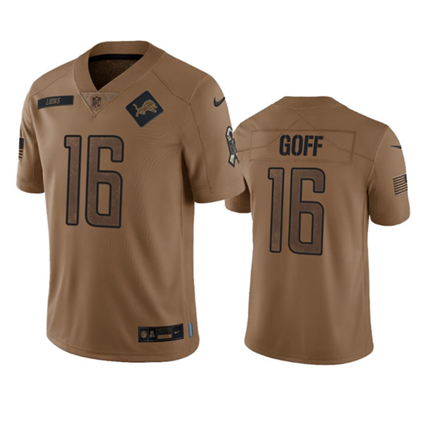 Men's Detroit Lions #16 Jared Goff 2023 Brown Salute To Service Limited Football Stitched Jersey