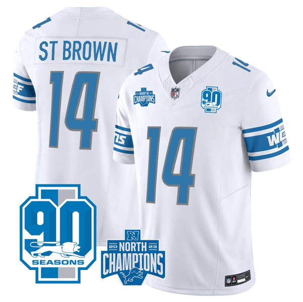 Men's Detroit Lions #14 Amon-Ra St. Brown White 2023 90th Anniversary North Division Champions Patch Limited Stitched Jersey