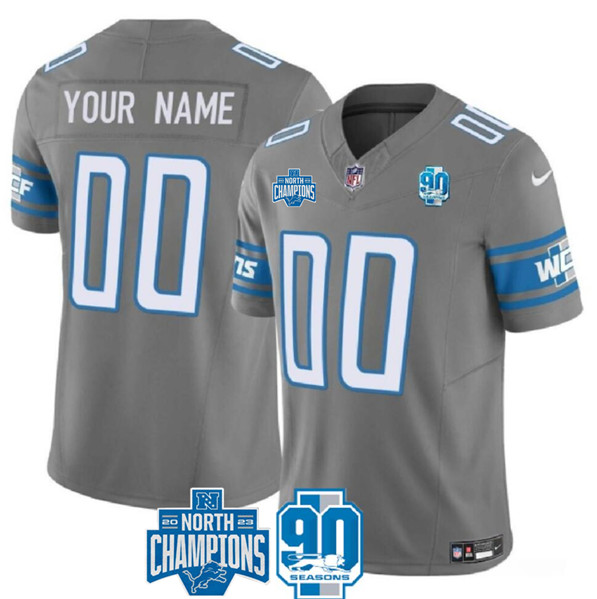 Men's Detroit Lions ACTIVE PLAYER Custom Gray 2023 90th Anniversary North Division Champions Patch Limited Football Stitched Jersey