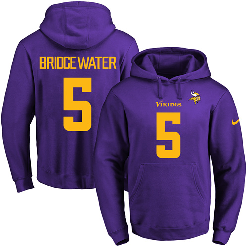 Nike Vikings #5 Teddy Bridgewater Purple(Gold No.) Name & Number Pullover NFL Hoodie