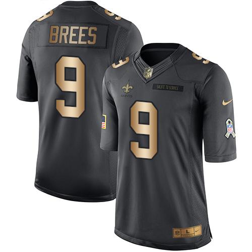 Nike Saints #9 Drew Brees Black Men's Stitched NFL Limited Gold Salute To Service Jersey