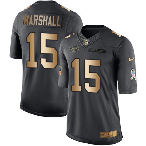 Nike Jets #15 Brandon Marshall Black Men's Stitched NFL Limited Gold Salute To Service Jersey