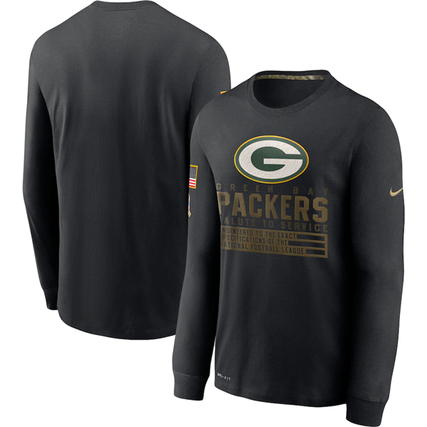 Men's Green Bay Packers 2020 Black Salute To Service Sideline Performance Long Sleeve NFL T-Shirt