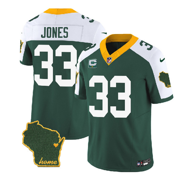 Men's Green Bay Packers #33 Aaron Jones Green/White 2023 F.U.S.E. Home Patch And 1-Star C Patch Vapor Untouchable Limited Stitched Jersey