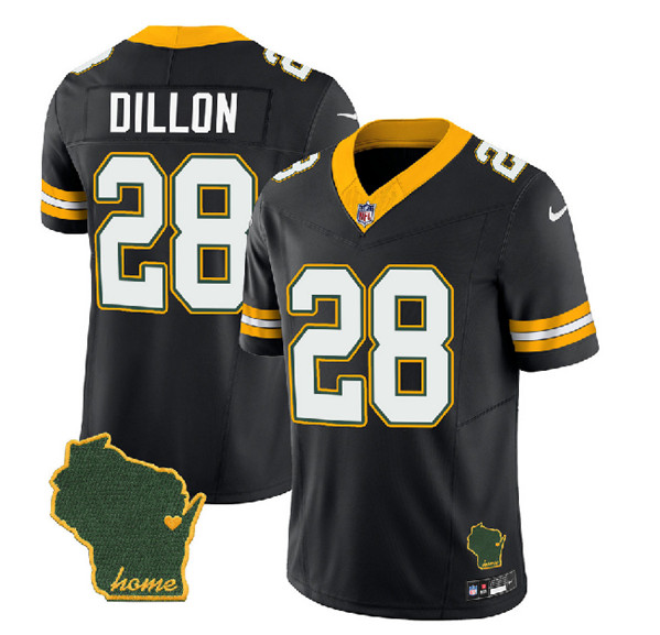 Men's Green Bay Packers #28 A.J. Dillon Black 2023 F.U.S.E. Home Patch Vapor Untouchable Limited Stitched Jersey