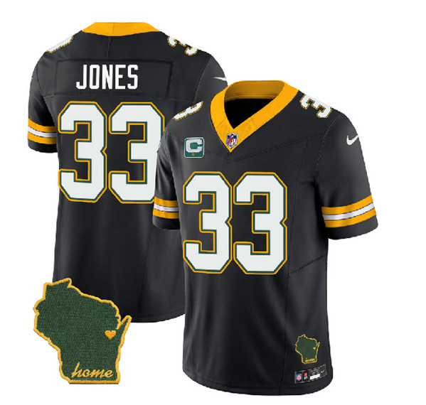 Men's Green Bay Packers #33 Aaron Jones Black 2023 F.U.S.E. Home Patch And 1-Star C Patch Vapor Untouchable Limited Stitched Jersey