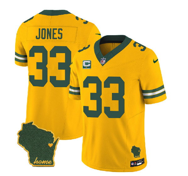 Men's Green Bay Packers #33 Aaron Jones Gold 2023 F.U.S.E. Home Patch And 1-Star C Patch Vapor Untouchable Limited Stitched Jersey