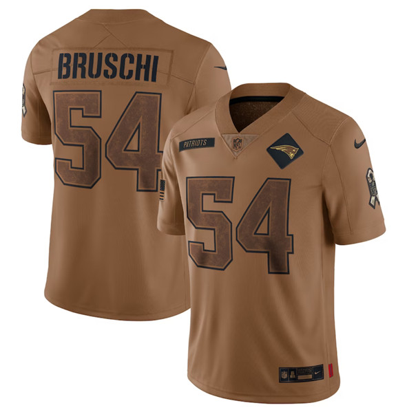 Men's New England Patriots #54 Tedy Bruschi 2023 Brown Salute To Service Limited Football Stitched Jersey