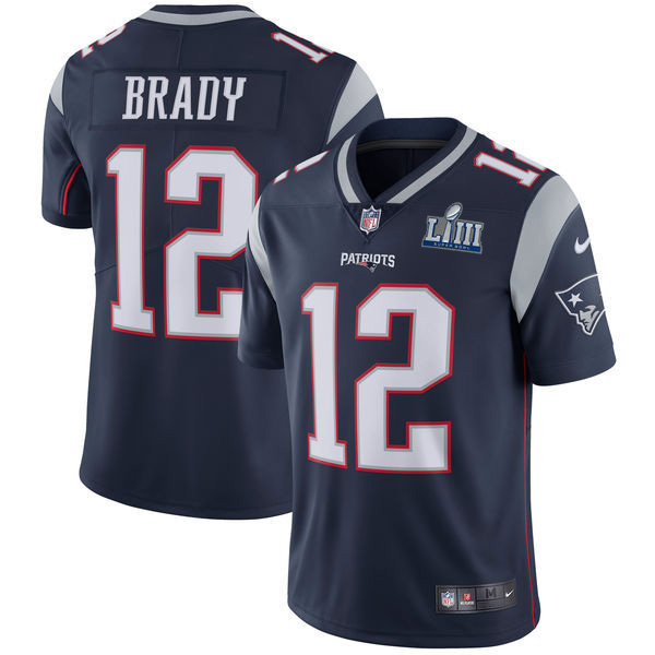 Men's New England Patriots #12 Tom Brady Navy Blue Super Bowl LIII Vapor Untouchable Limited Stitched NFL Jersey