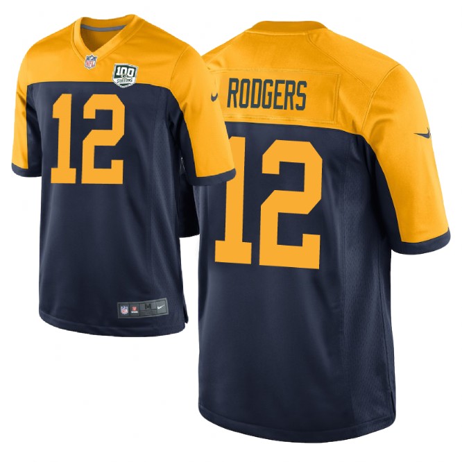 Men's Green Bay Packers #12 Aaron Rodgers Navy 2019 100th Season NFL Game Jersey