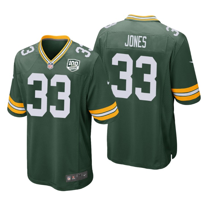 Men's Green Bay Packers #33 Aaron Jones Green 2019 100th Season NFL Game Jersey