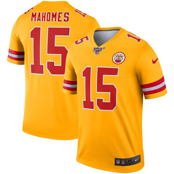 Men's Kansas City Chiefs #15 Patrick Mahomes 2019 100th Season Gold Inverted Legend Stitched NFL Jersey