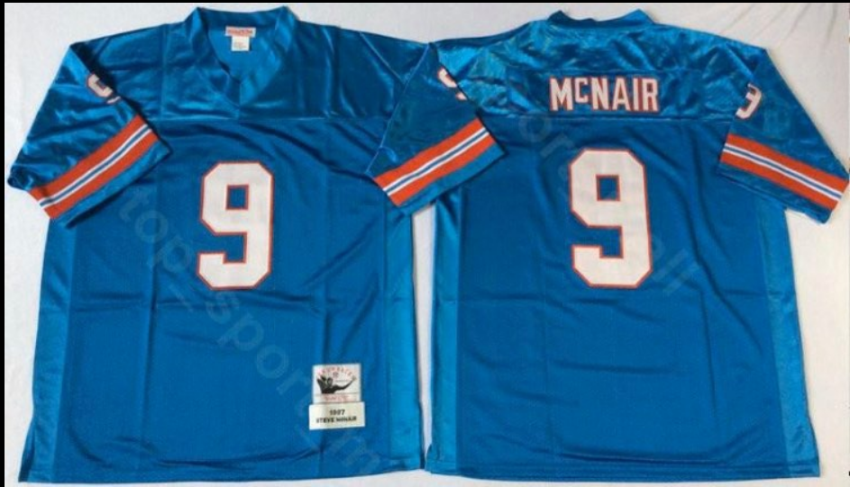 Men's Mitchell And Ness Oilers #9 Steve McNair Blue Throwback Stitched NFL Jersey