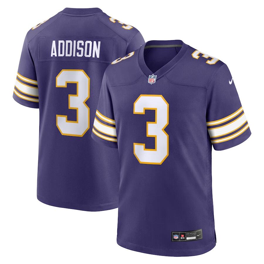 Men's Minnesota Vikings #3 Jordan Addison Purple Classic Game Stitched Jersey