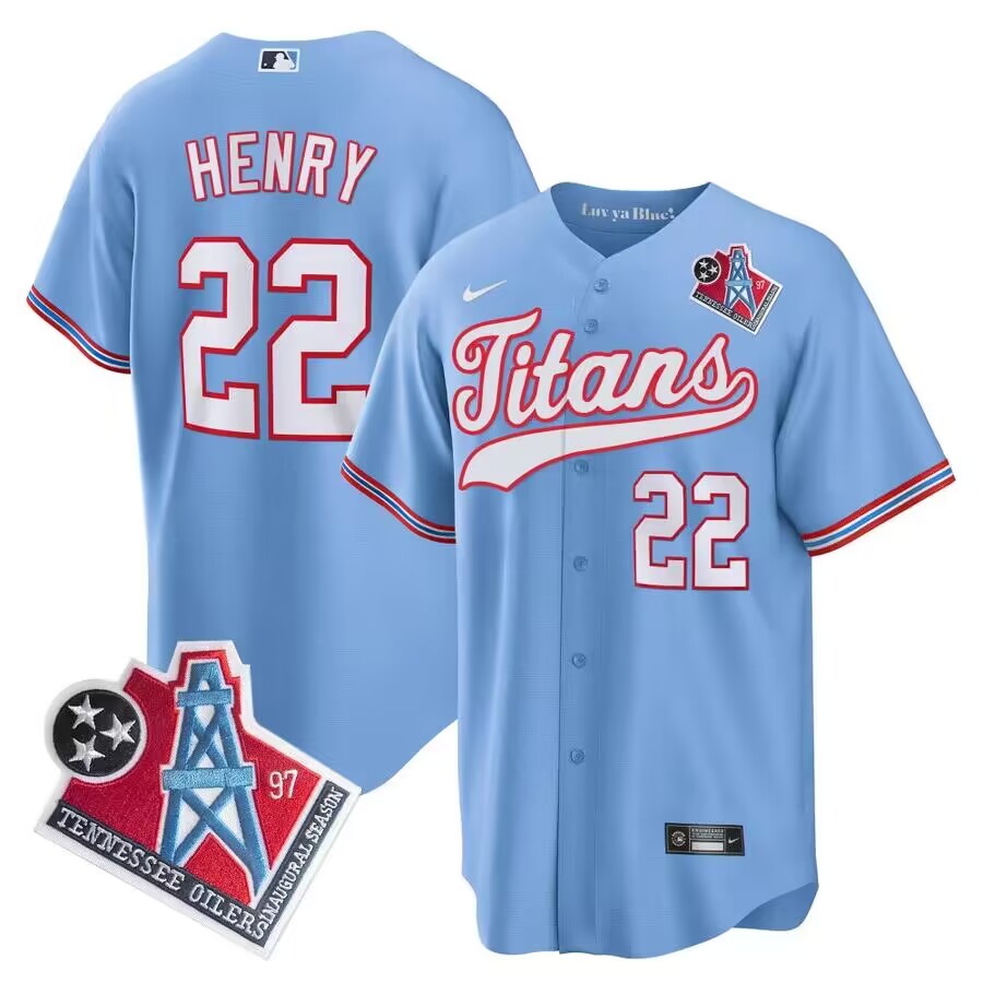 Men's Tennessee Titans #22 Derrick Henry Light Blue 1997 Throwback Stitched Cool Base Jersey