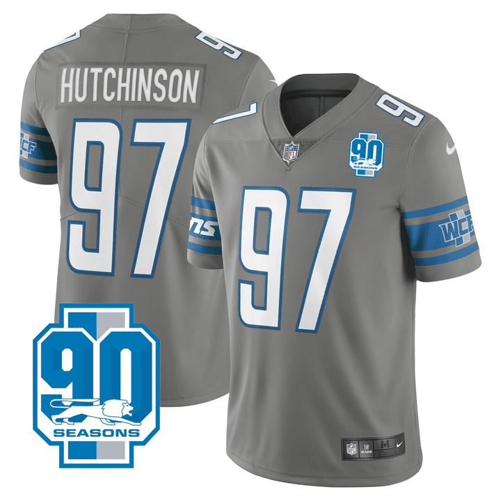 Men's Detroit Lions #97 Aidan Hutchinson Grey 2023 90th Anniversary Vapor Untouchable Limited Stitched Jersey