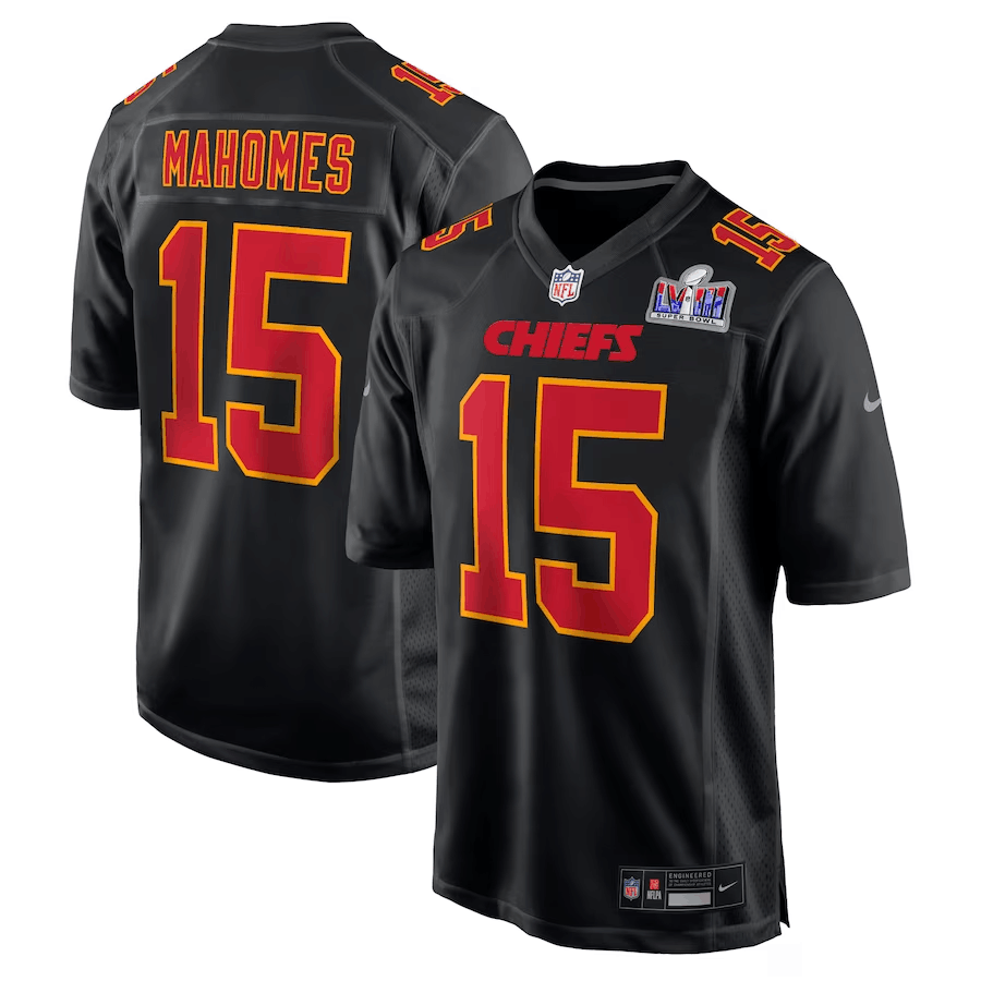 Men’s Kansas City Chiefs #15 Patrick Mahomes Black 2024 Super Bowl LVIII Patch Limited Football Stitched Game Jersey