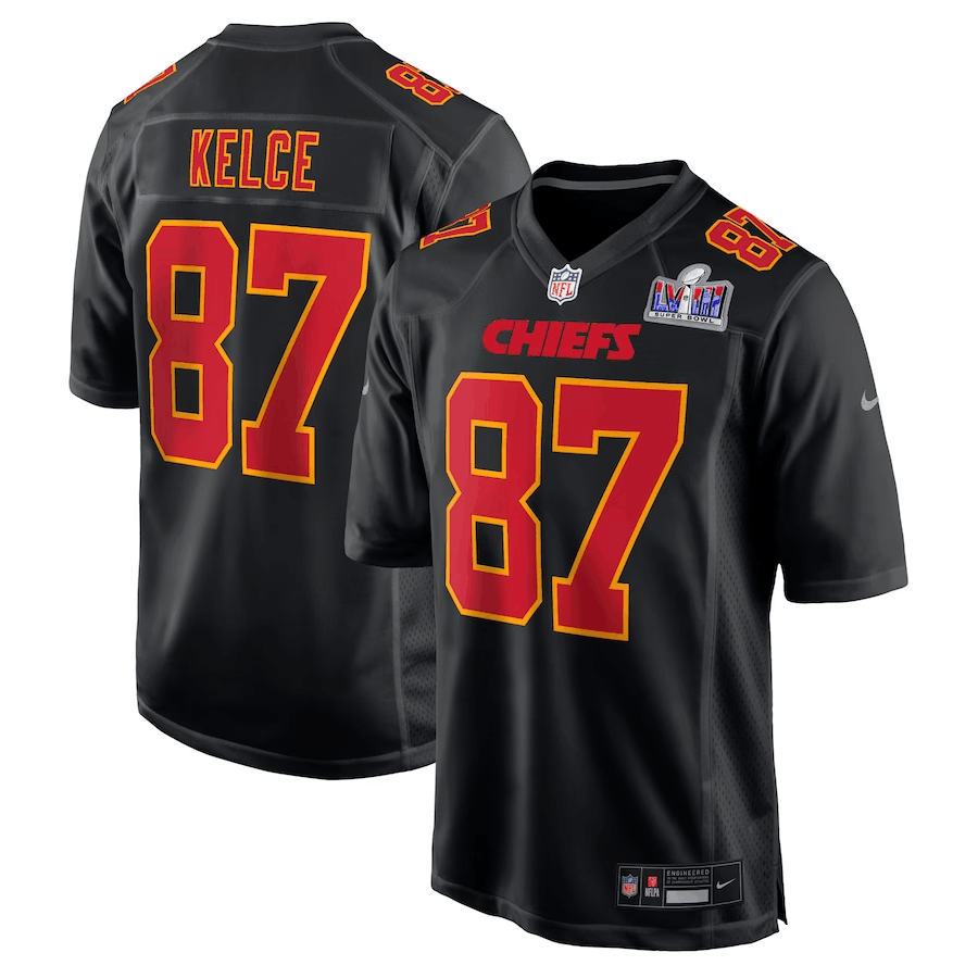 Men’s Kansas City Chiefs #87 Travis Kelce Black 2024 Super Bowl LVIII Patch Limited Football Stitched Game Jersey