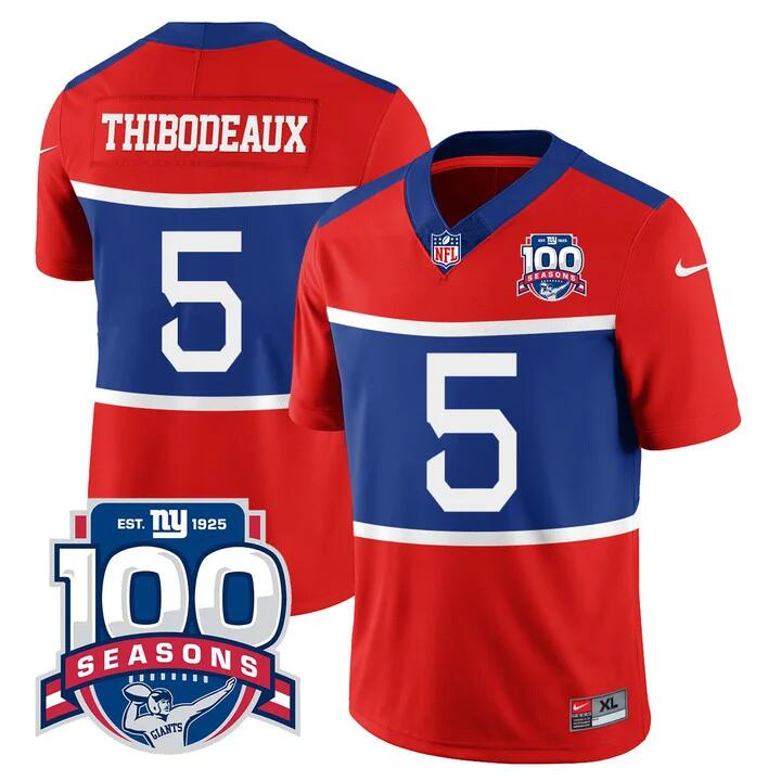 Men's New York Giants #5 Kayvon Thibodeaux Century Red 100TH Season Commemorative Patch Limited Football Stitched Jersey