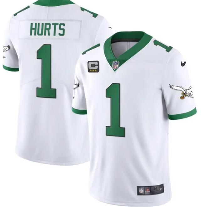 Men's Philadelphia Eagles #1 Jalen Hurts White/Kelly Green With C Patch Jersey