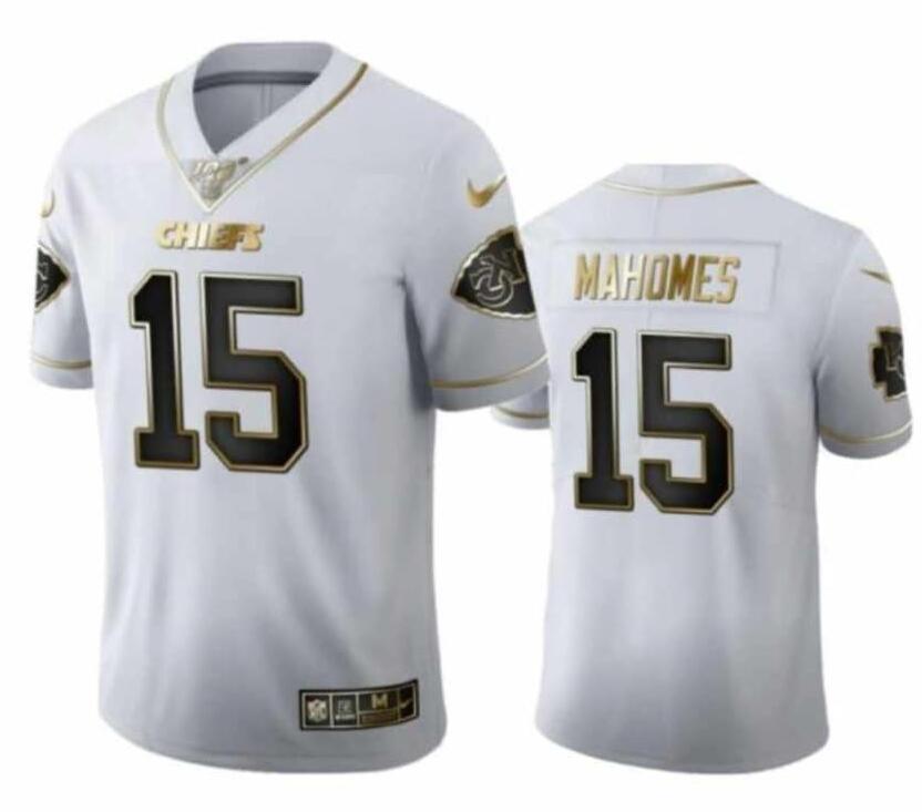 Men's Kansas City Chiefs #15 Patrick Mahomes White 2019 100th Season Golden Edition Limited Stitched NFL Jersey