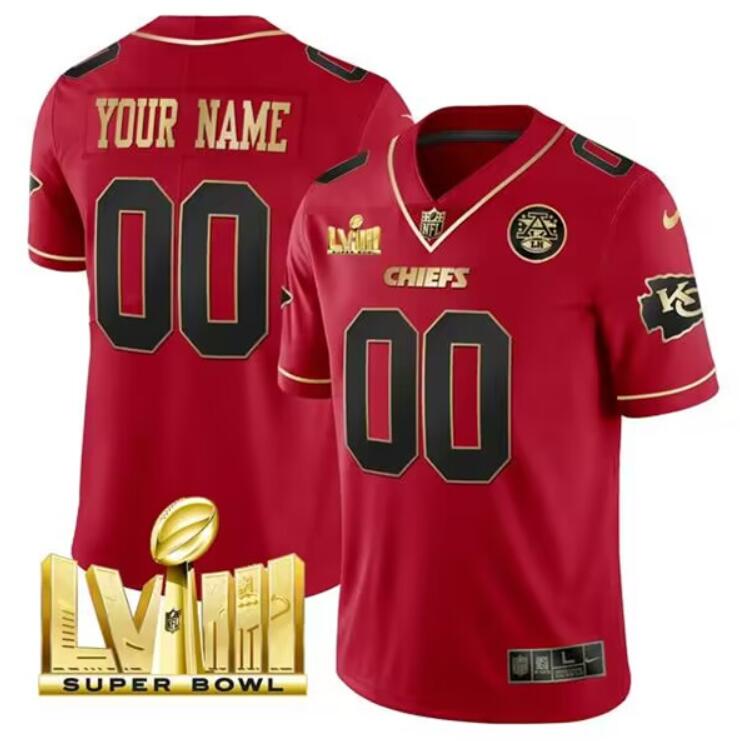 Men's Kansas City Chiefs Customized Red With Gold Super Bowl LVIII Patch Vapor Untouchable Limited Football Stitched Jersey