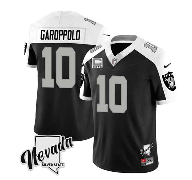 Men's Las Vegas Raiders #10 Jimmy Garoppolo Black/White 2023 F.U.S.E Nevada Silver Stat With 4-Star C patch Football Stitched Jersey