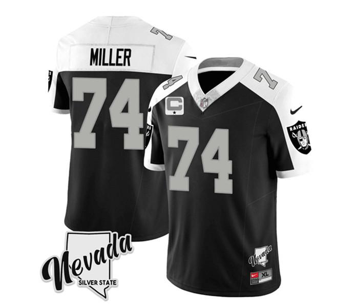 Men's Las Vegas Raiders #74 Kolton Miller Black/White 2023 F.U.S.E Nevada Silver Stat With 4-Star C patch Football Stitched Jersey