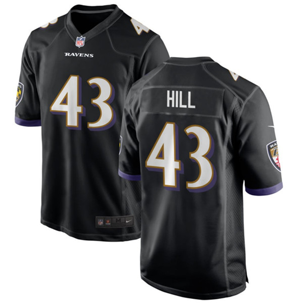 Men's Baltimore Ravens #43 Justice Hill Black Football Stitched Game Jersey