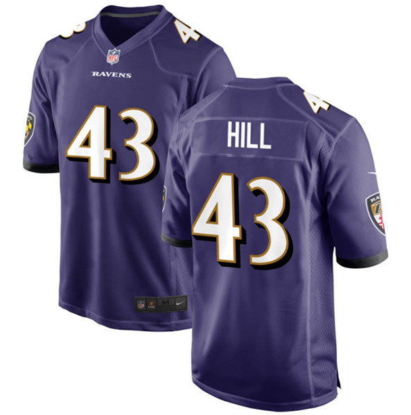 Men's Baltimore Ravens #43 Justice Hill Purple Football Stitched Game Jersey