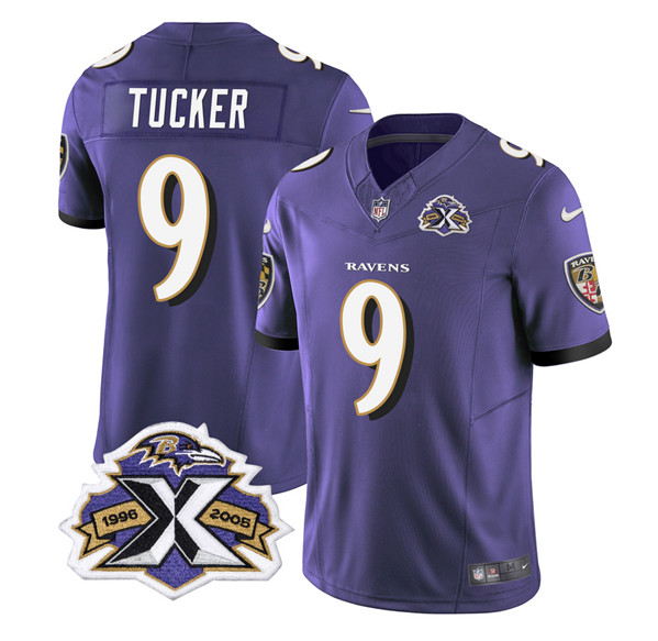 Men's Baltimore Ravens #9 Justin Tucker Purple 2023 F.U.S.E With Patch Throwback Vapor Limited Stitched Jersey