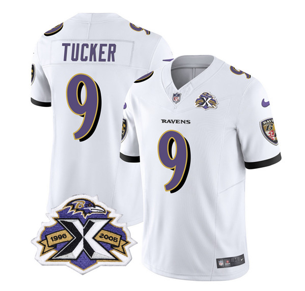 Men's Baltimore Ravens #9 Justin Tucker White 2023 F.U.S.E With Patch Throwback Vapor Limited Stitched Jersey