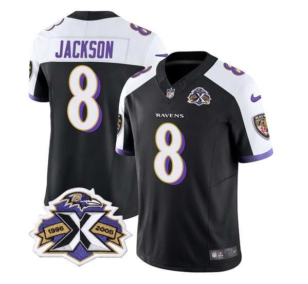 Men's Baltimore Ravens #8 Lamar Jackson Black/White 2023 F.U.S.E With Patch Throwback Vapor Limited Stitched Jersey