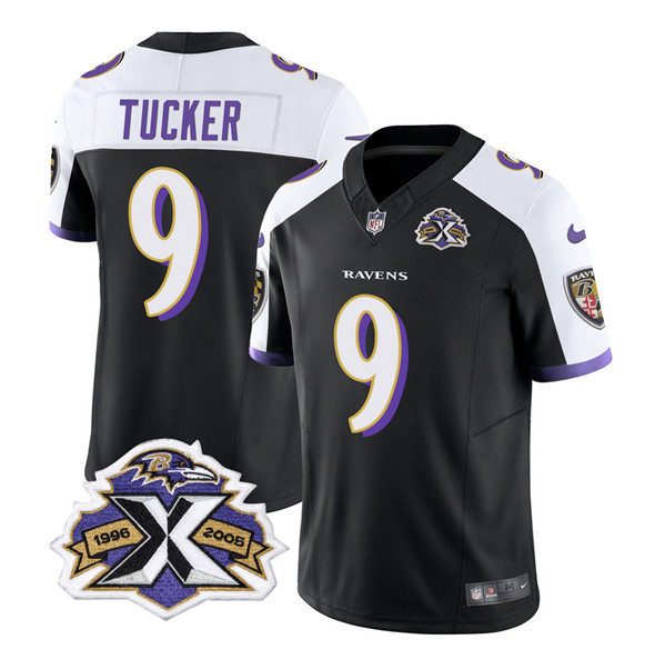 Men's Baltimore Ravens #9 Justin Tucker Black/White 2023 F.U.S.E With Patch Throwback Vapor Limited Stitched Jersey