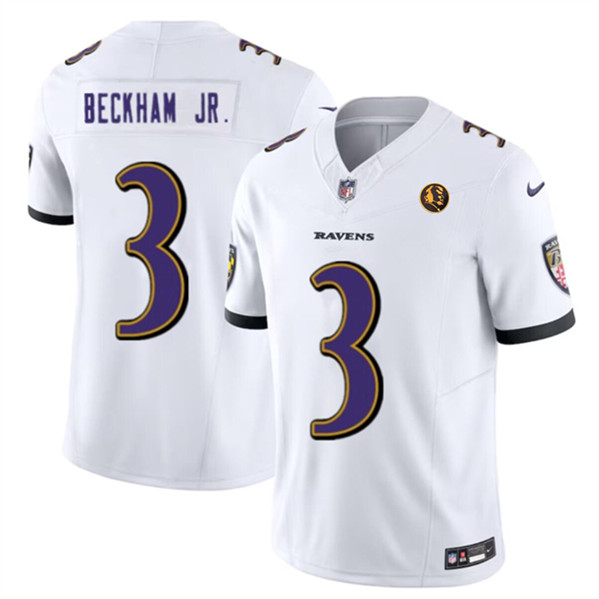 Men's Baltimore Ravens #3 Odell Beckham Jr. White 2023 F.U.S.E. With John Madden Patch Vapor Limited Football Stitched Jersey