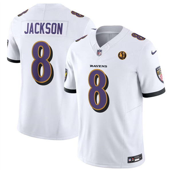 Men's Baltimore Ravens #8 Lamar Jackson White 2023 F.U.S.E. With John Madden Patch Vapor Limited Football Stitched Jersey