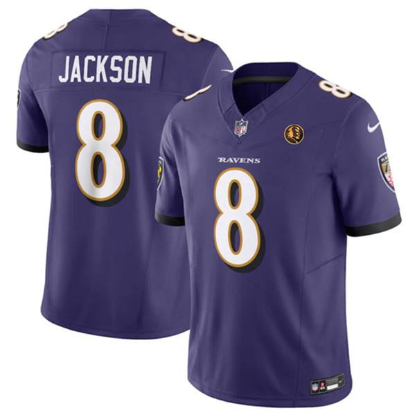 Men's Baltimore Ravens #8 Lamar Jackson Purple 2023 F.U.S.E. With John Madden Patch Vapor Limited Football Stitched Jersey