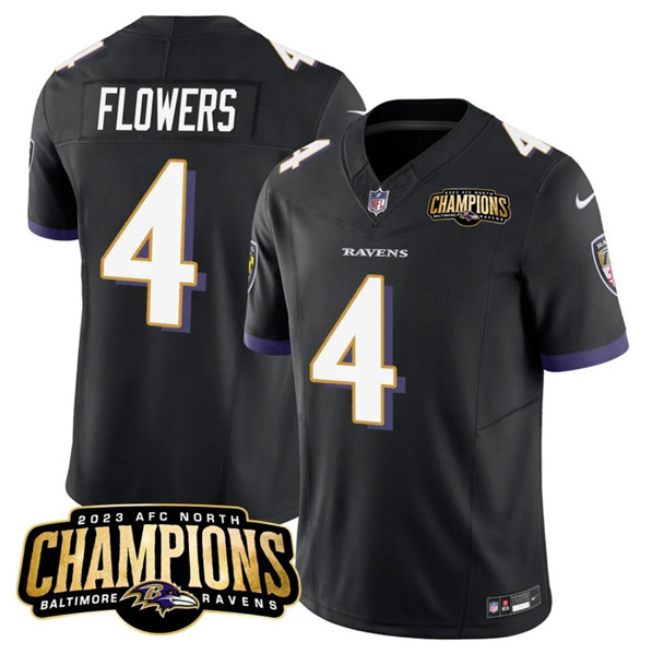 Men's Baltimore Ravens #4 Zay Flowers Black 2023 F.U.S.E. AFC North Champions Vapor Limited Football Stitched Jersey