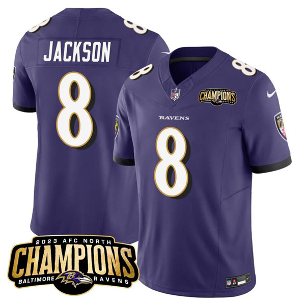 Men's Baltimore Ravens #8 Lamar Jackson Purple 2023 F.U.S.E. AFC North Champions Vapor Limited Football Stitched Jersey