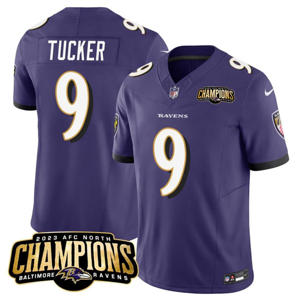 Men's Baltimore Ravens #9 Justin Tucker Purple 2023 F.U.S.E. AFC North Champions Vapor Limited Football Jersey