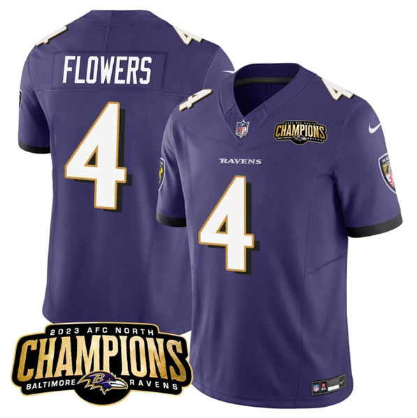 Men's Baltimore Ravens #4 Zay Flowers Purple 2023 F.U.S.E. AFC North Champions Vapor Limited Football Jersey