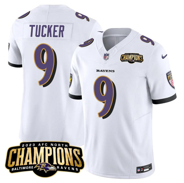 Men's Baltimore Ravens #9 Justin Tucker White 2023 F.U.S.E. AFC North Champions Vapor Limited Football Jersey