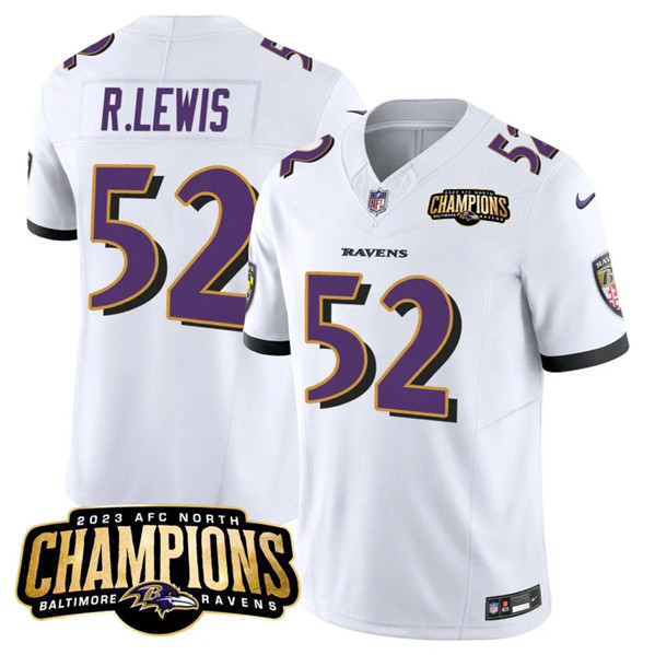 Men's Baltimore Ravens #52 Ray Lewis White 2023 F.U.S.E. AFC North Champions Vapor Limited Football Stitched Jersey